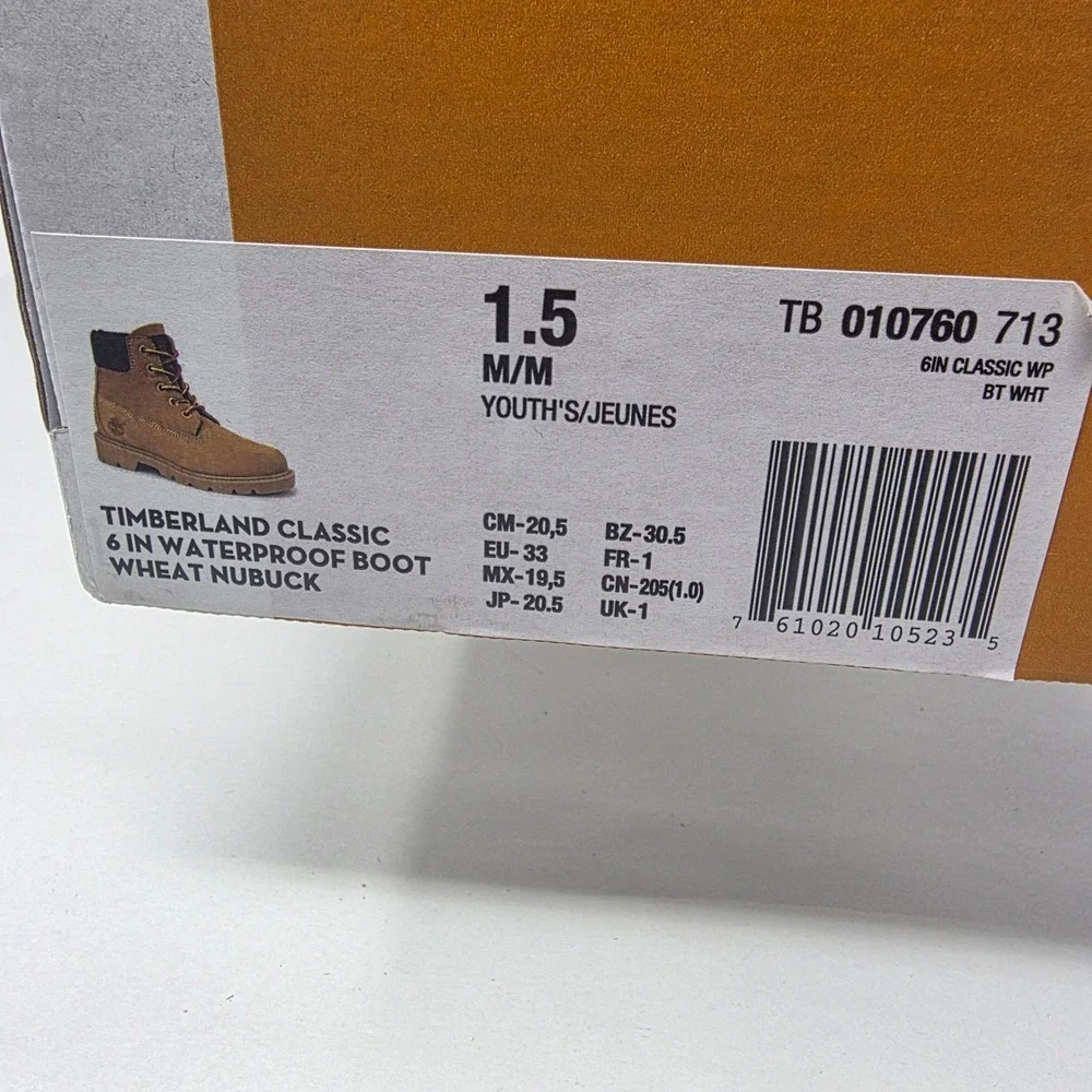 Timberland Classic 6 Inch Waterproof Boot Youth 1.5 Wheat Nubuck TB 010760 713